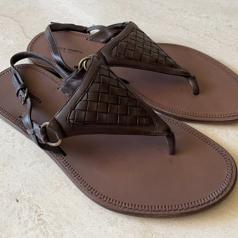 Bottega Veneta Brown Woven Nappa Slingback Thongs Sandals